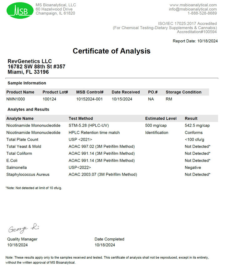 RevGenetics Advanced NMN 1000 mg: 60 500mg Capsules NMN_1000_COA Member Products,All Products