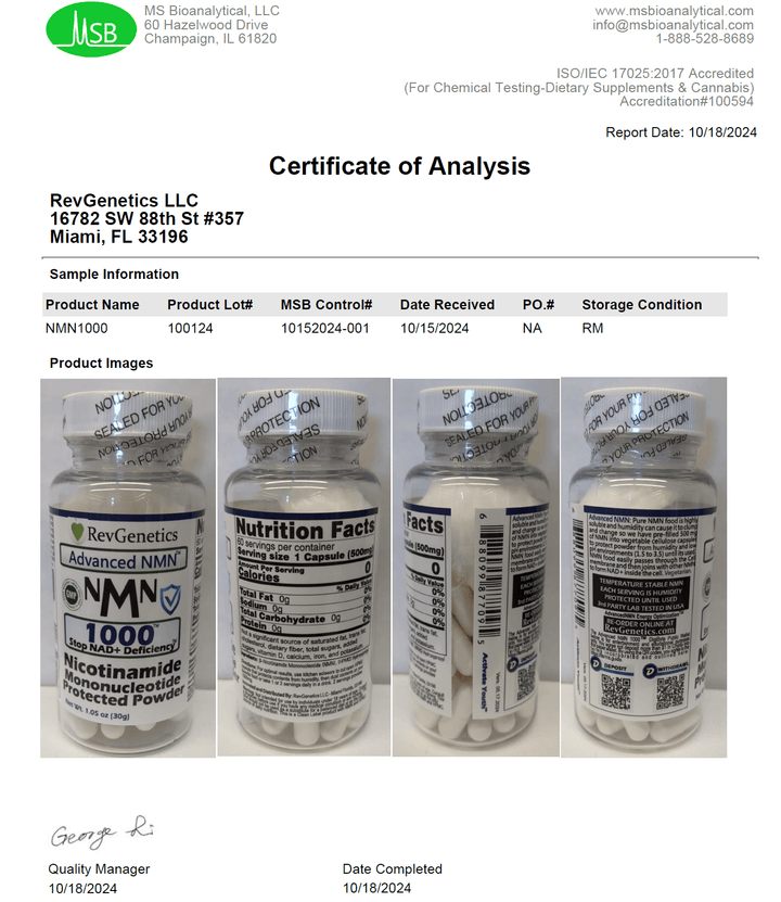 RevGenetics Advanced NMN 1000 mg: 60 500mg Capsules NMN_1000_COA_1 Member Products,All Products